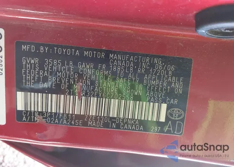 2006 Toyota Corolla Le из США, поврежденный, VIN 2T1BR32EX6C702558